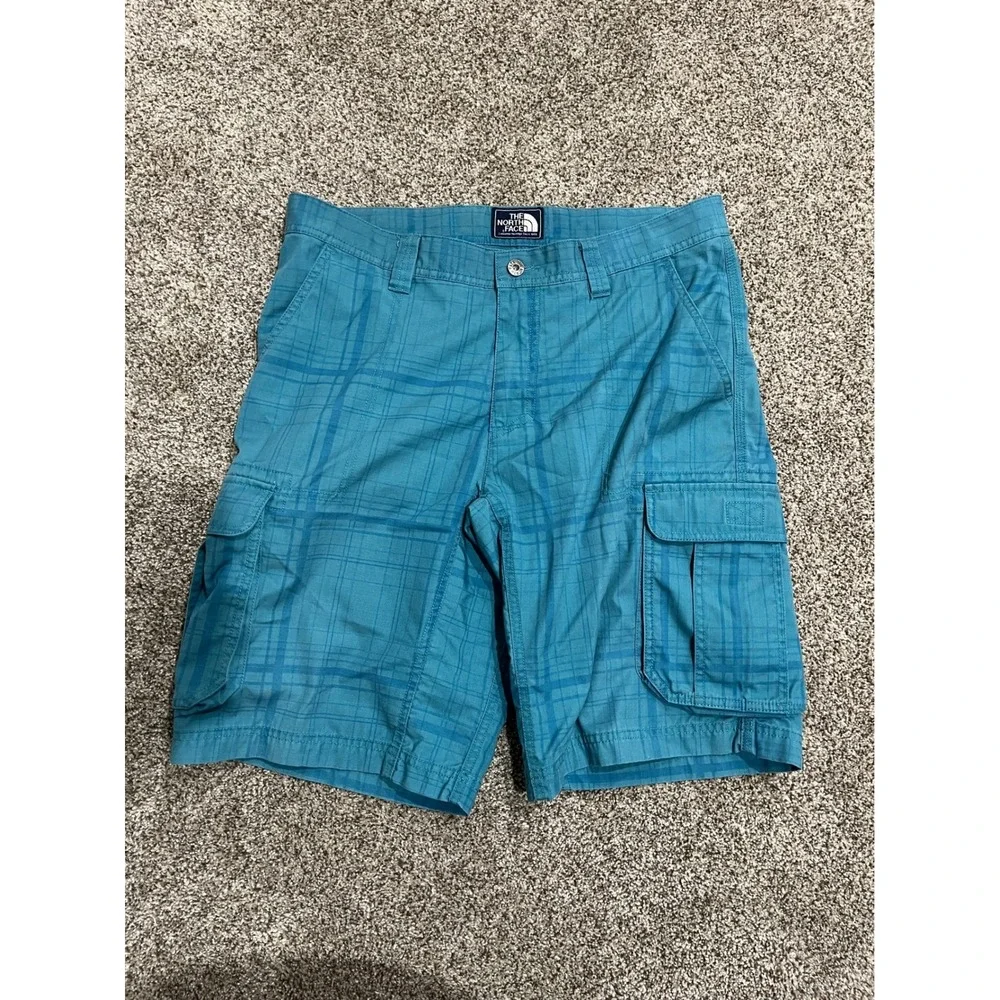 The North Face Mens Cargo Shorts Teal Blue Plaid Ripstop Hiking Size 34 Regular